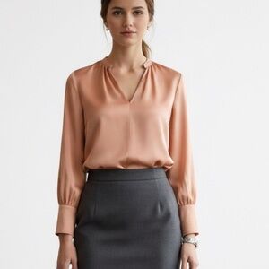 H&M Terracotta Satin V-Neck Long Sleeve Blouse Size S NWT Flowy Bishop Sleeves
